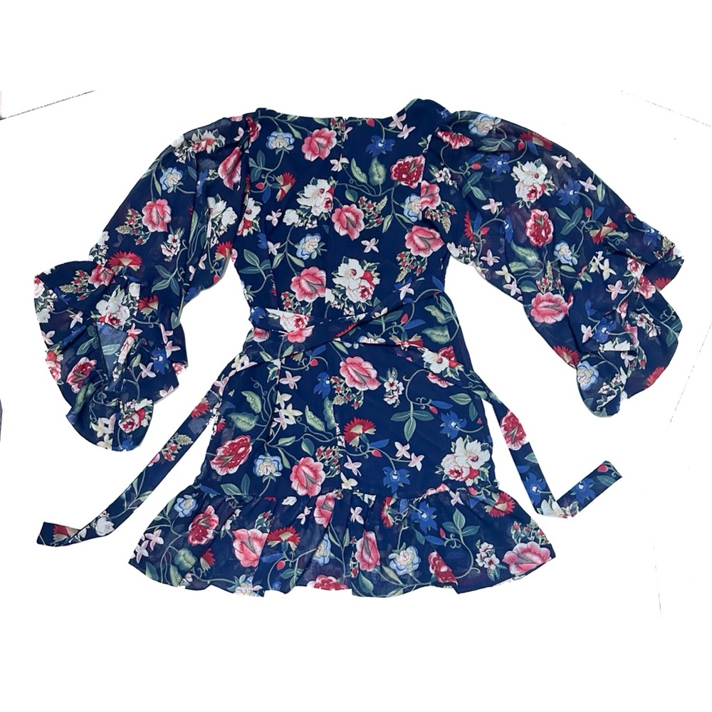 Betsey Johnson Coquette Floral Print Boho Wrap Tie Ruffle Bambi Mini Dress - Picture 3 of 9